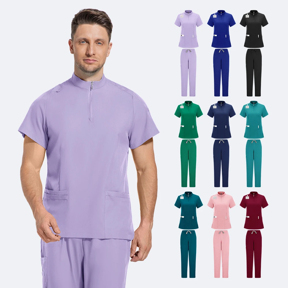 Uniformes médicaux unisexes, ensemble d'infirmière à col zippé, vêtements de travail pour médecin d'hôpital à manches courtes pour femmes, uniforme de travail pour chirurgie dentaire orale