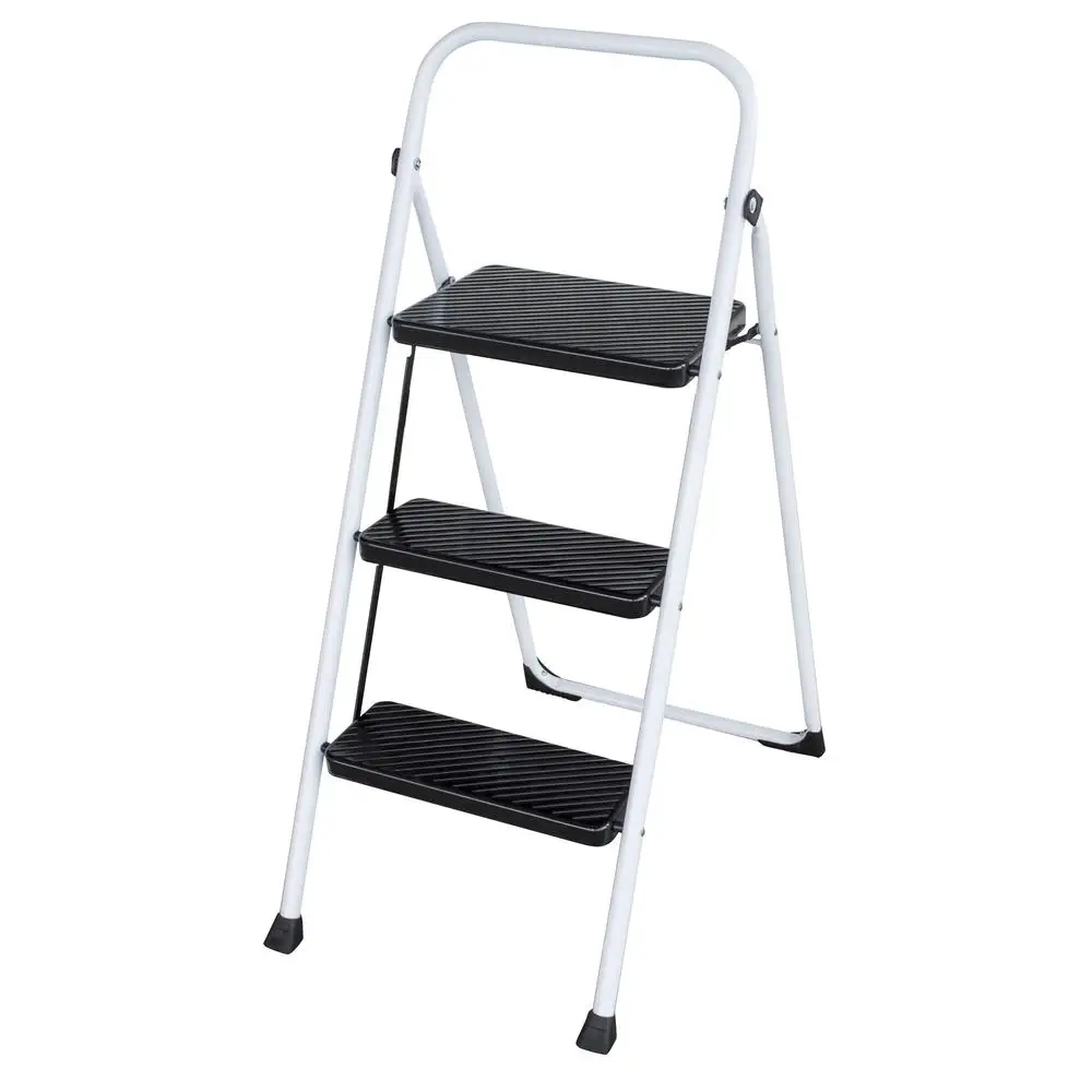 Three Step Folding Utility Step Ladder Lightweight Collapsible Metal Frame Non Slip Steps Compact Storage Easy Grip Handle Home