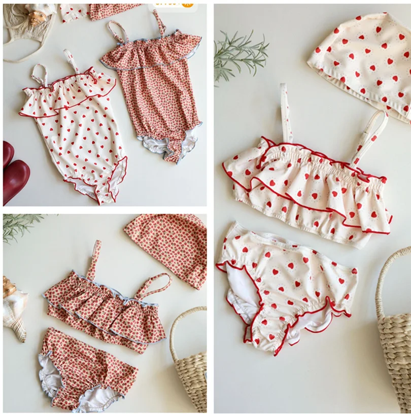 2026 New Girls Swimsuit Heart Printed Ruffle Bikinis Set Children Swimming Suit maillot de bain enfant fille Banadores