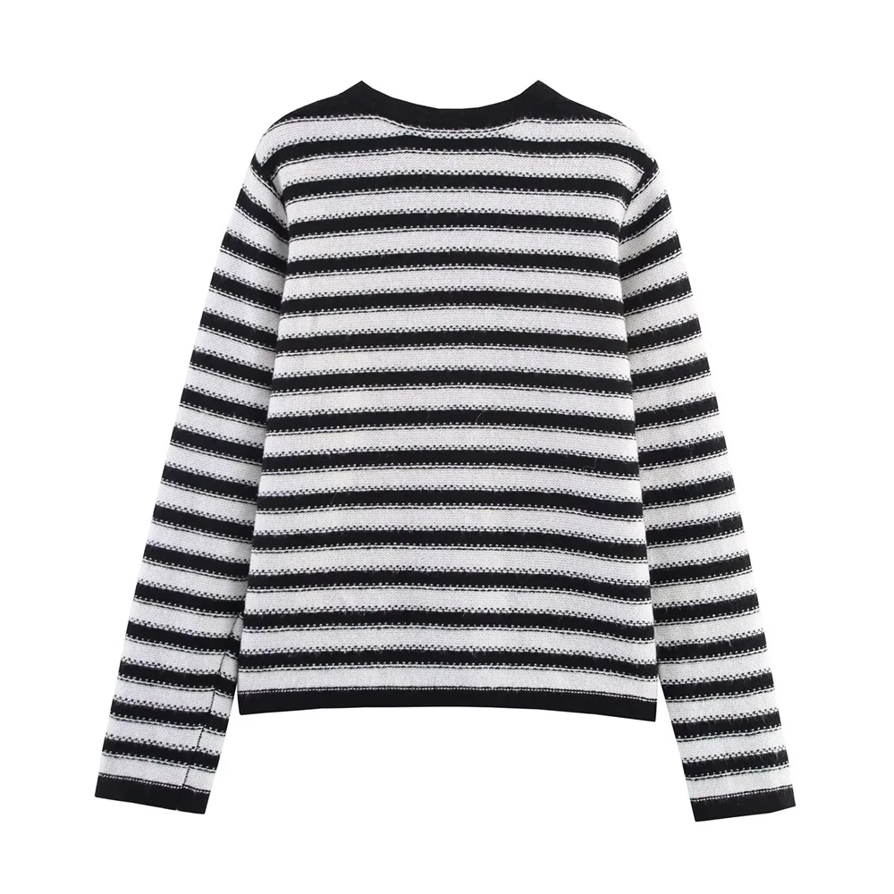 Veste cardigan tricotée rayée avec décoration de boutons de fleurs tridimensionnelles pour femmes, haut ample et décontracté