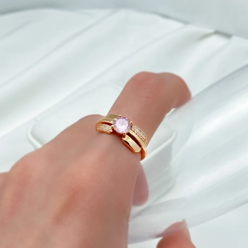 SYOUJYO Pink Cubic Zircon Women\'s Ring Luxury Design Romantic Brass Jewelry Gift For Girl Easy Matching Accessories