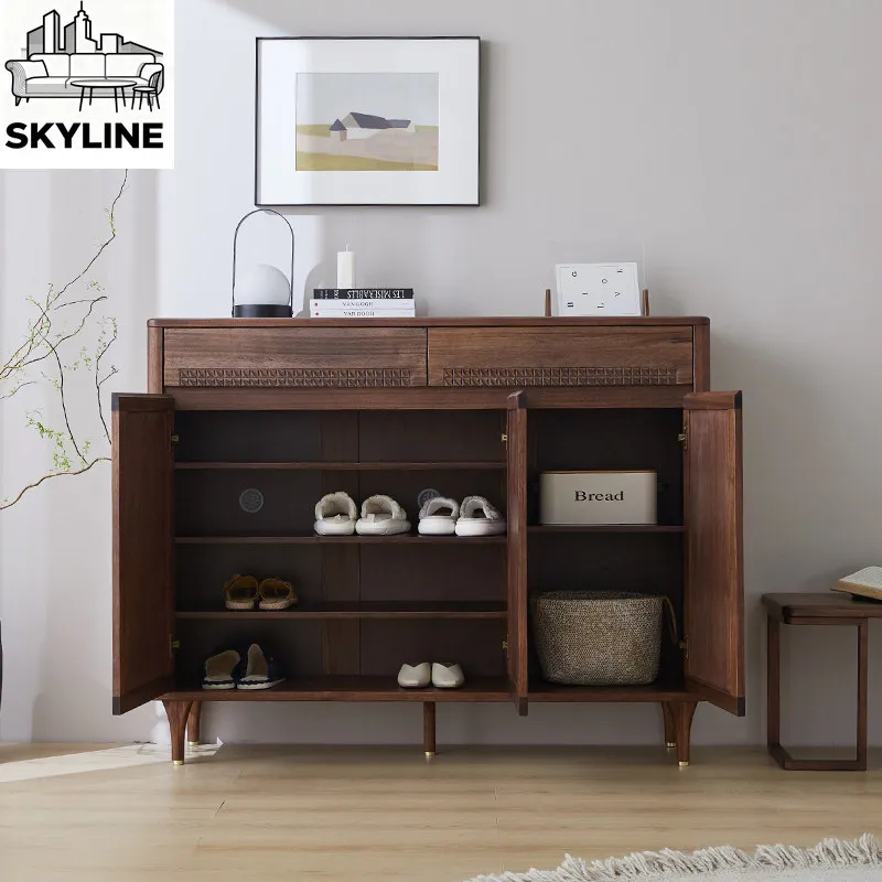 2&3 Door Walnut Wood Entry Storage Cabinet, Minimal Solid Wood Shoe Locker for Home Entrance Space