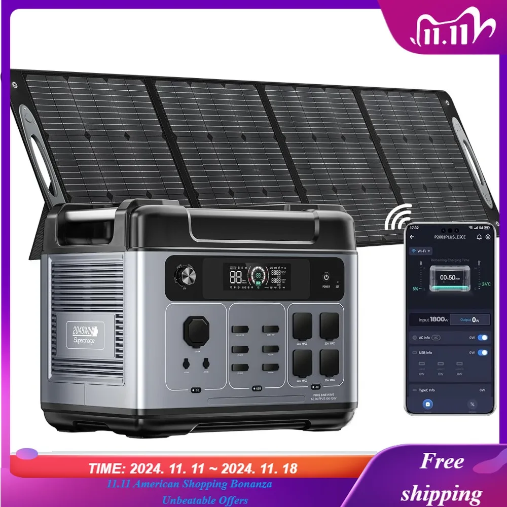 

Электростанция P2001 PLUS 2400 Вт с солнечной панелью мощностью 200 Вт, солнечный генератор 2048 Втч (пиковая мощность 5000 Вт), приложение для быстрой полной зарядки 1,5 часа