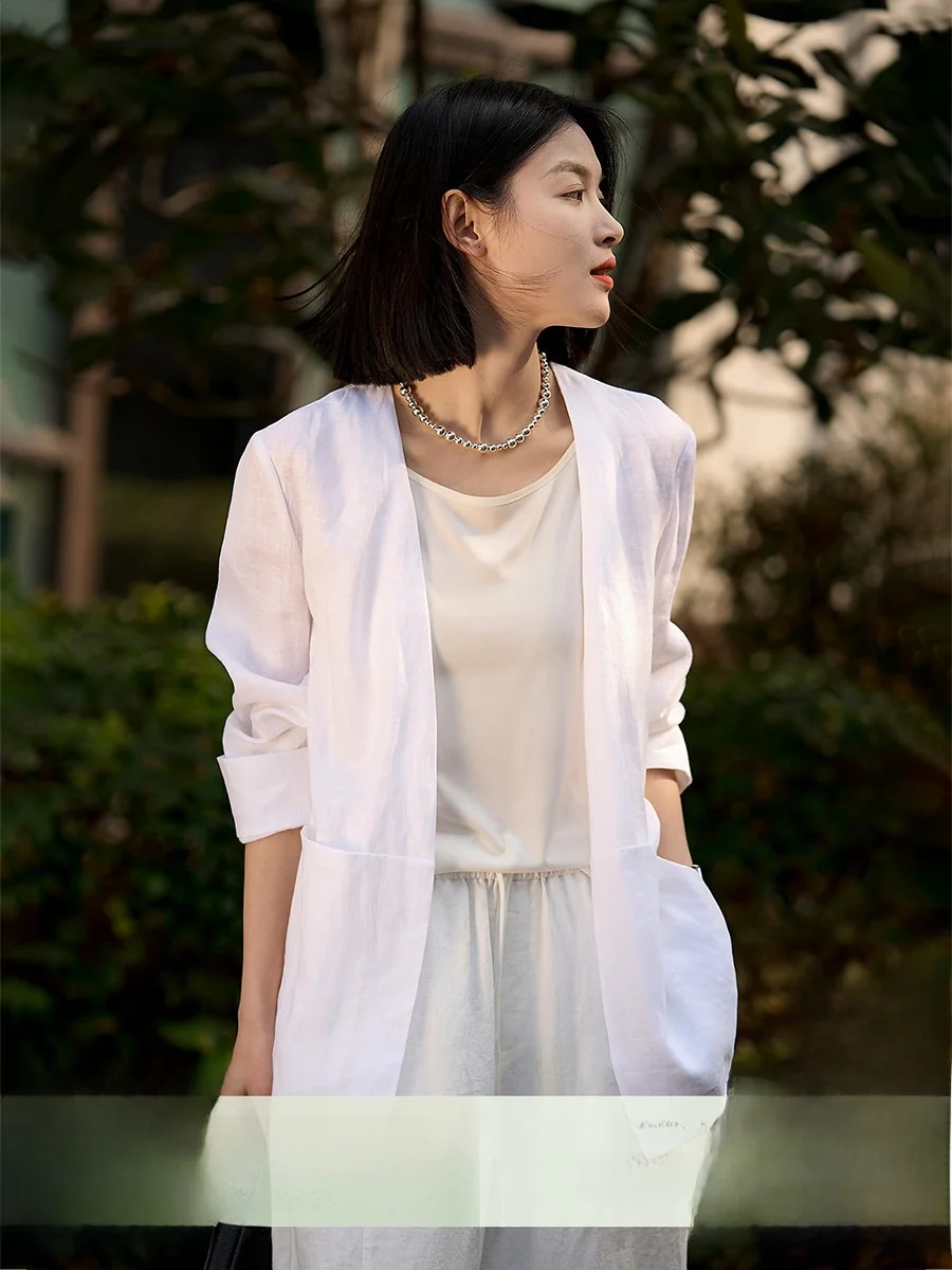 

XiaoHanGe YaoTai Y Meeting Ele Linen Suit Jaet Versatile Air Conditioning irt Commute Sle Long Sve V-Ne