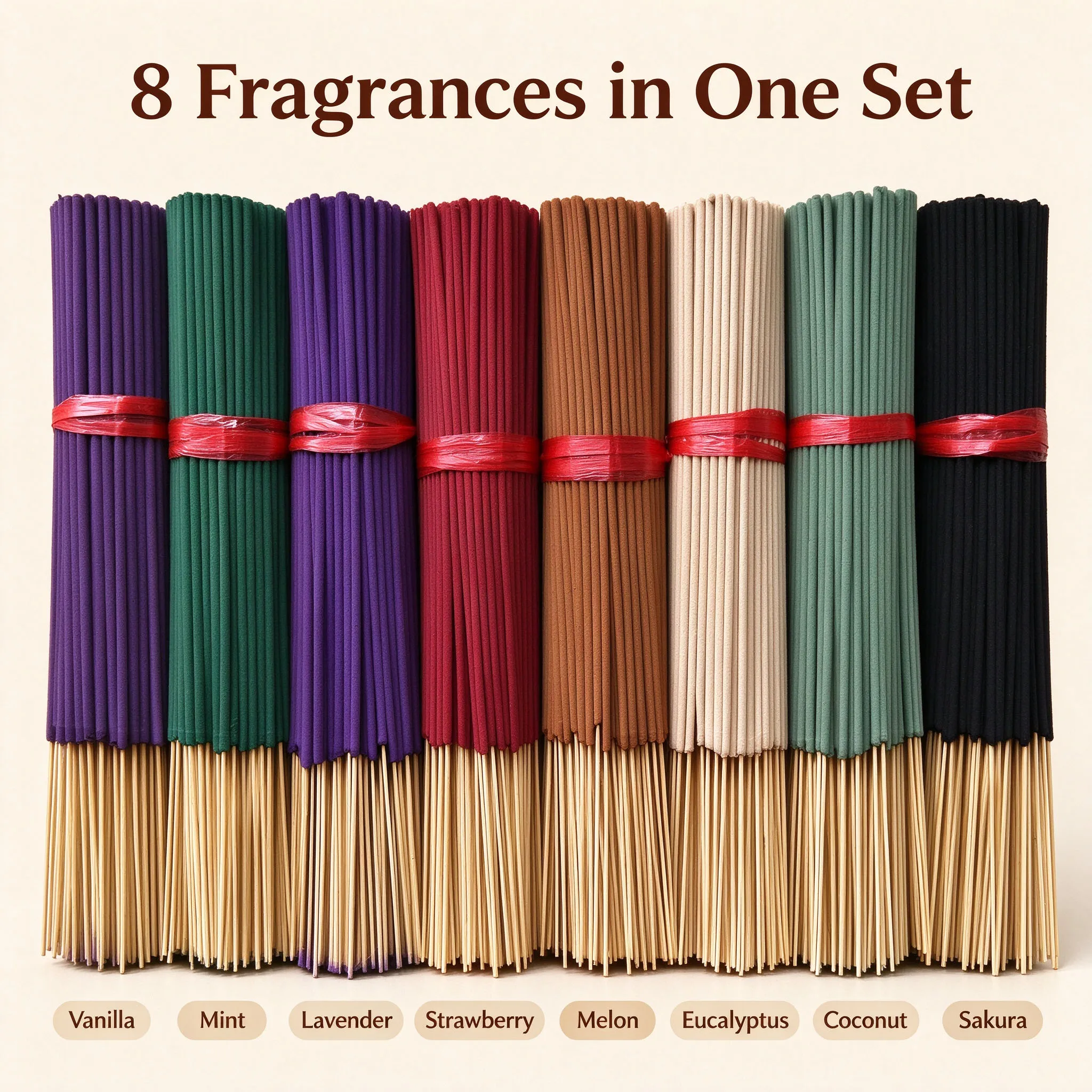 8-flavor combo incense sticks, multiple scents for different settings—home, yoga, relaxation, incense decoration.