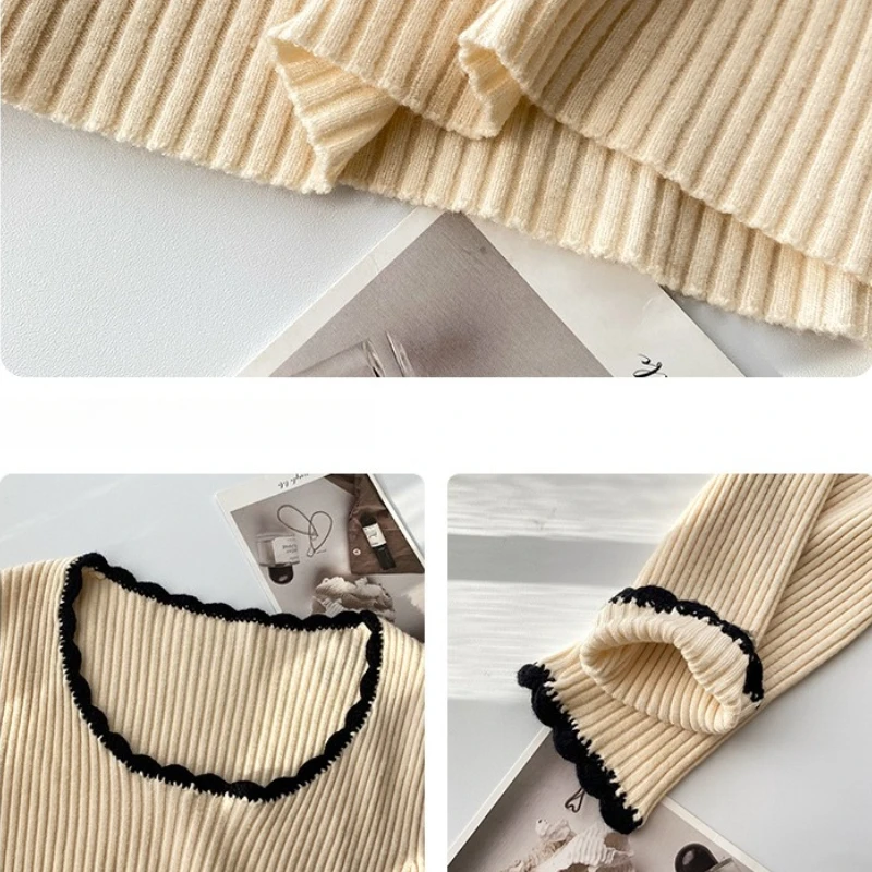 Mulheres costela malha superior com guarnição overlocked manga longa cabido pulôver camisola jumper topos outono inverno adolescente-menina malhas casuais