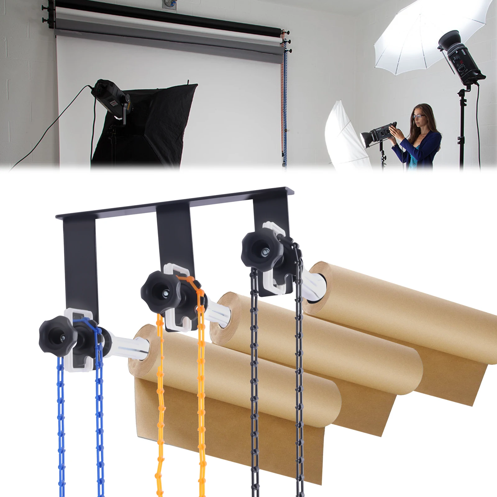 Photography Manual Background Support System, 3 Roller Wall Mounting, including 6 (6) Expand Bars, 3 Chains