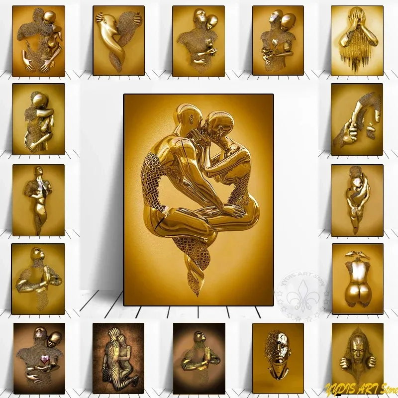 Abstract Gold Metal Figure Statue Minimalist Wall Art Print Canvas Painting Posters for Living Room Modern Home Decor