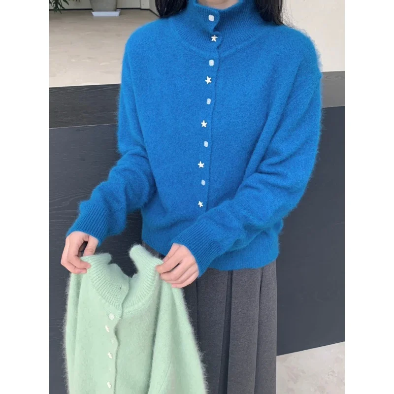 Non-Balloning Knitted Sweater Cardigan Women's Top Dongguan Daliang High-End Spring 2025 New Arrival Long Sve Stand Collar