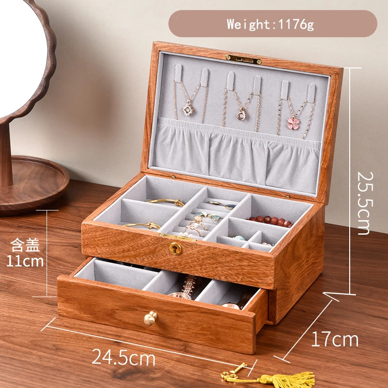 Luxury Wooden Double-Layer Jewelry Storage Box Necklaces Jewelry Box With Lock And Key Organizer Boxes for female