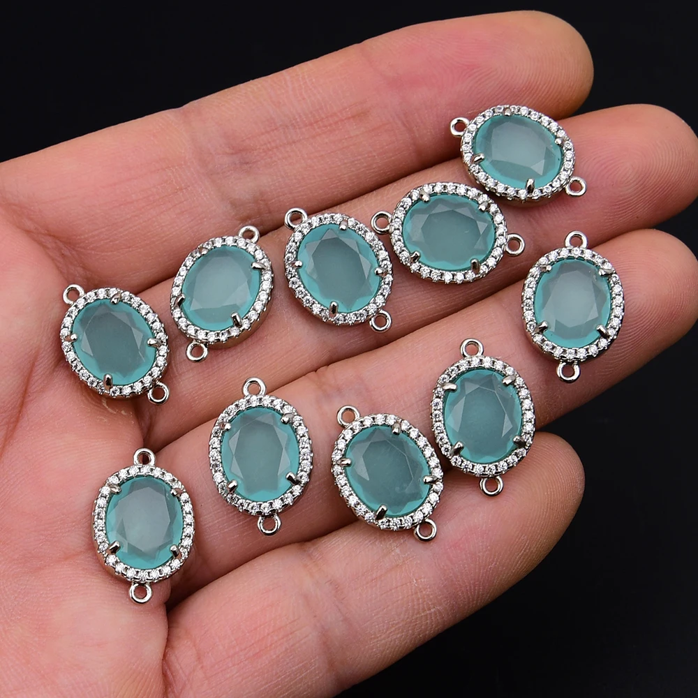 APDGG 10 Pcs Natural Lake Blue Cat eye Stone Cz Sliver Color Connector Charms Pendant Jewelry DIY view 2