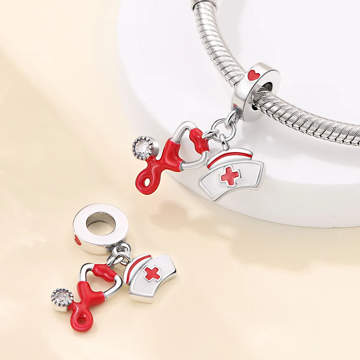 Silver-Plated Stethoscope Cap Dangle CharmsBeads Fit Original Bracelets Bag Keychain Charms Beads Pendant Diy Women Jewelry Gift