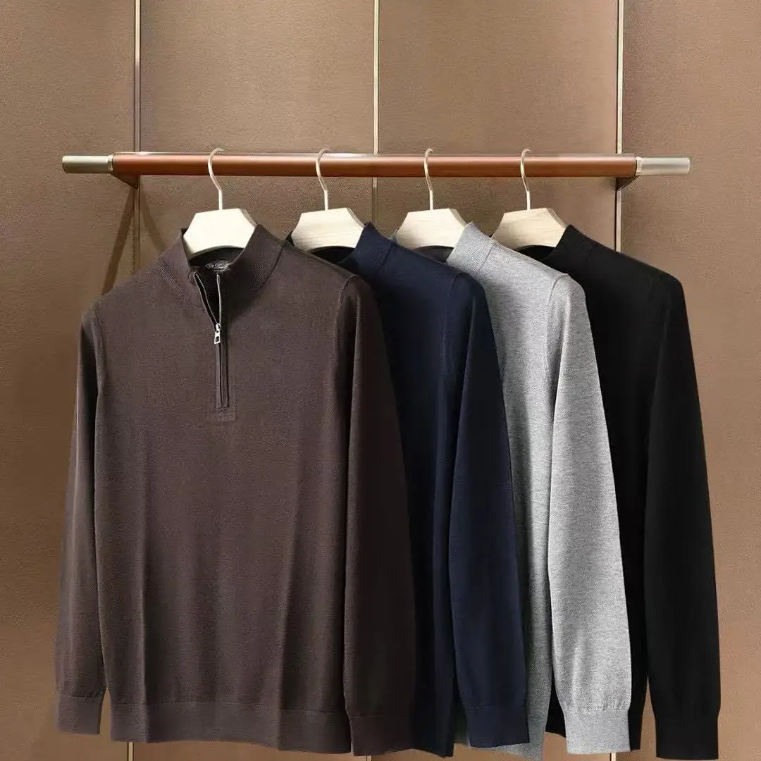 Suéter italiano LP de punto con cremallera y cuello levantado para hombre, suéter de manga larga de color sólido simple estilo viejo dinero, otoño