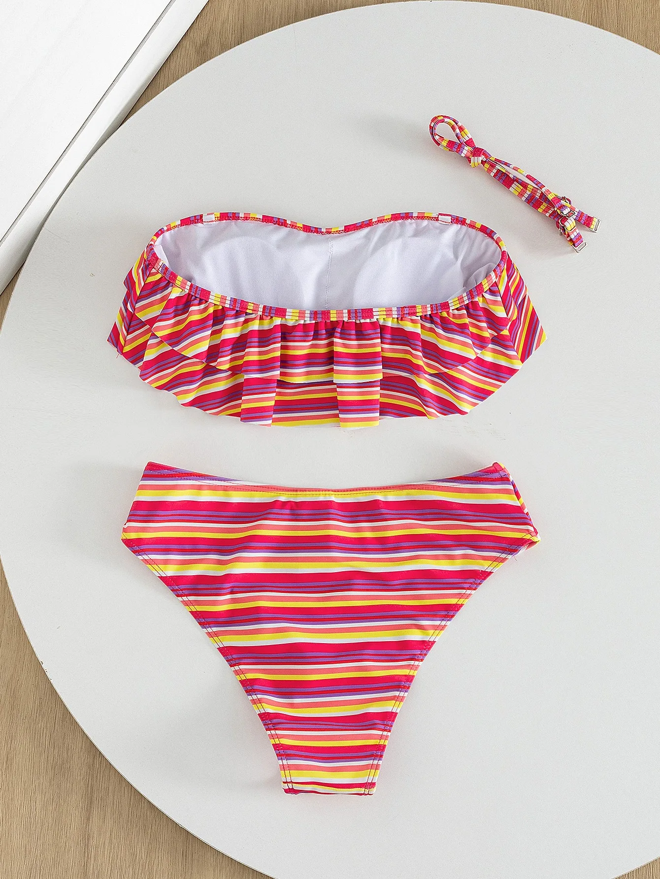 2027 Striped Ruffle Removable Straps Backless Two Piece Bikini Set Women Push Up Tummy Control Swimsuit Swimwear Beach Vacation
