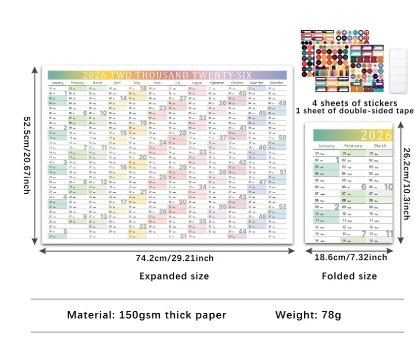 تقويم حائط ملون لعام 2026 مع 365 ملصقًا |   مخطط السنة، مذكرة ومنظم الجدول الزمني