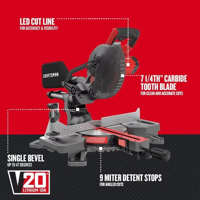 V20 Cordless Sliding Miter Saw, 7-1/4 inch, Single Bevel, Battery and Charger Included (CMCS714M1)