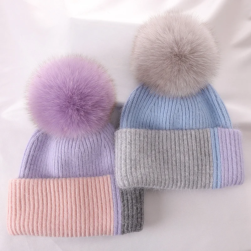 2024 New Natural fox Fur Pom Pom Hat Fashion Stitching Color Winter Hat for Girl Women Warm Beanies High Quality Fur Pompom Hat