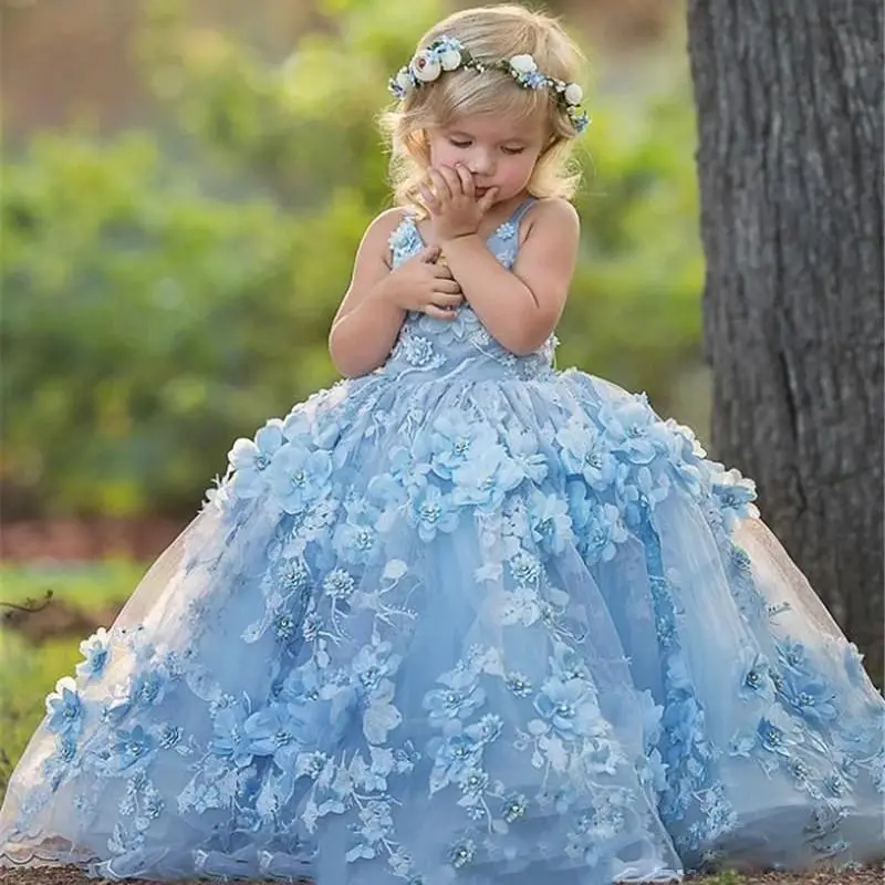 EVLAST Cute Blue Spaghetti Flower Girls Dress Lace Appliques 3D Flower Bead Toddler comunione Dress Puffy Pageant Gowns TFD045