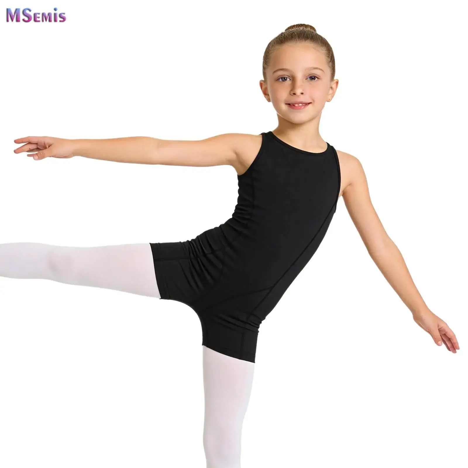 

Sleeveless Leotard for Kids Girls Round Neck Back Zipper Closure Gymnastic Outfits Children Dance Leotards Thigh Length Jumpsuit