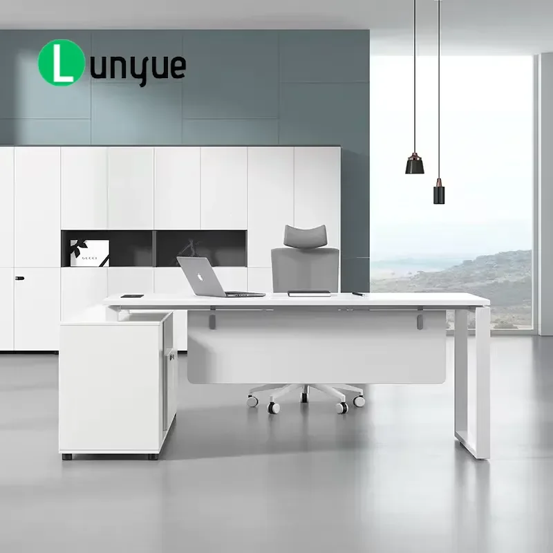 Modern Minimalist White L Shaped Desk Boss CEO Office Computer Table Design Furniture for Home Workstation Study Room Space