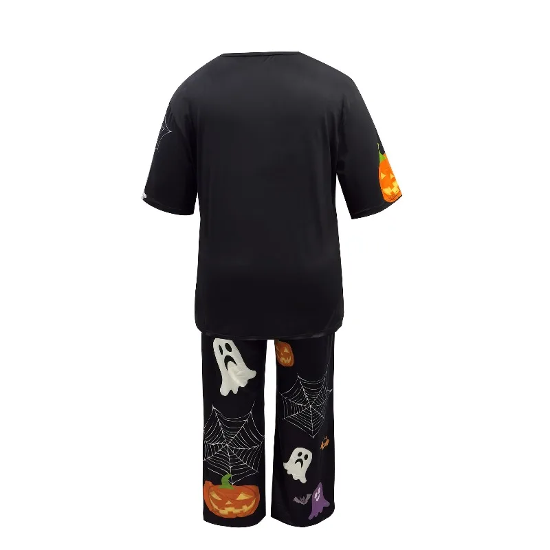 European and American Halloween Home Two-piece Black Short Sleeved Top+spider Web Ghost Pumpkin Print Wide Leg Sleepers