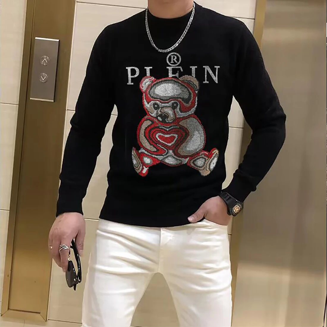 Men\'s Sweater Hip-hop Stylish Rhinestone Trendy Tops Designer Skull Streetwear Male Pullover Comfortable High-quality Clothing