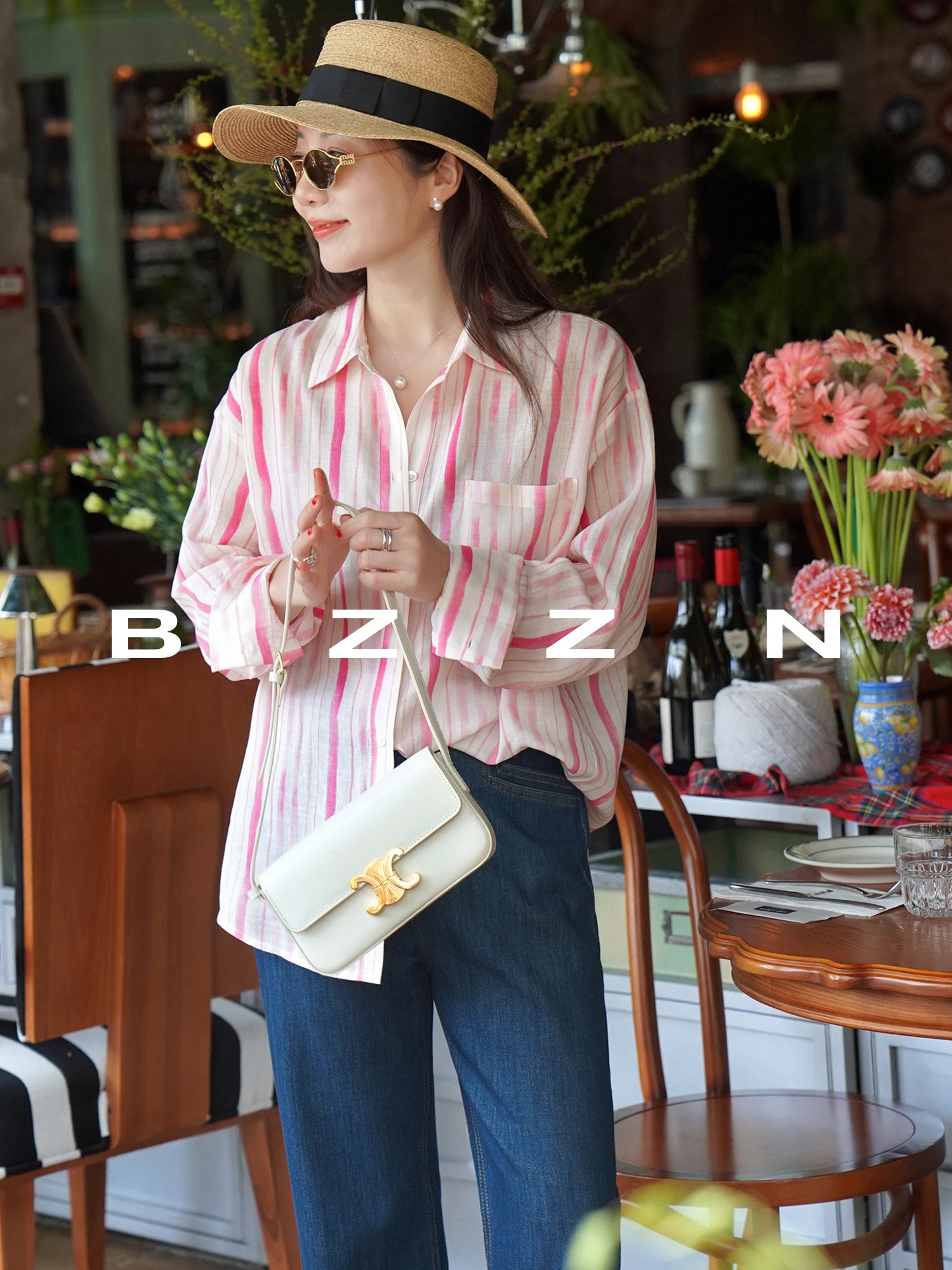 

BZZN Relaxing Stripe Shirt Breathable Linen Vacation Sun Protection Top Loose Fit French Style Long Sleeve Women's Cardigan