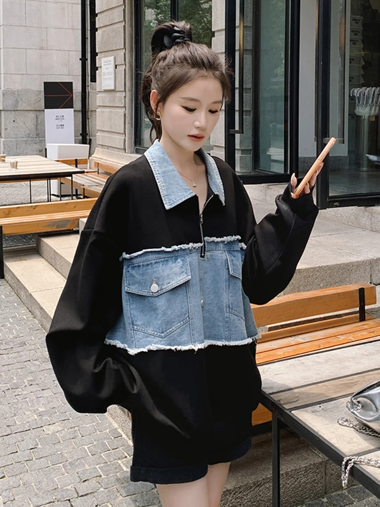 LANMREM Patchwork Denim Sweatshirt For Women Lapel Long Sleeves Sticthing Fashion Loose Style Female Streetwear Clothes 2DA3930