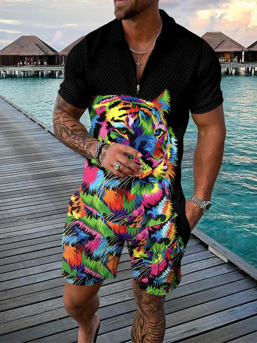 Vintage Hawaii Polo 2Pcs Sets 3D tiger print Polo shirt 2pcs Zipper Set polo shirt+Shorts Holiday Style Fashion Man Clothing