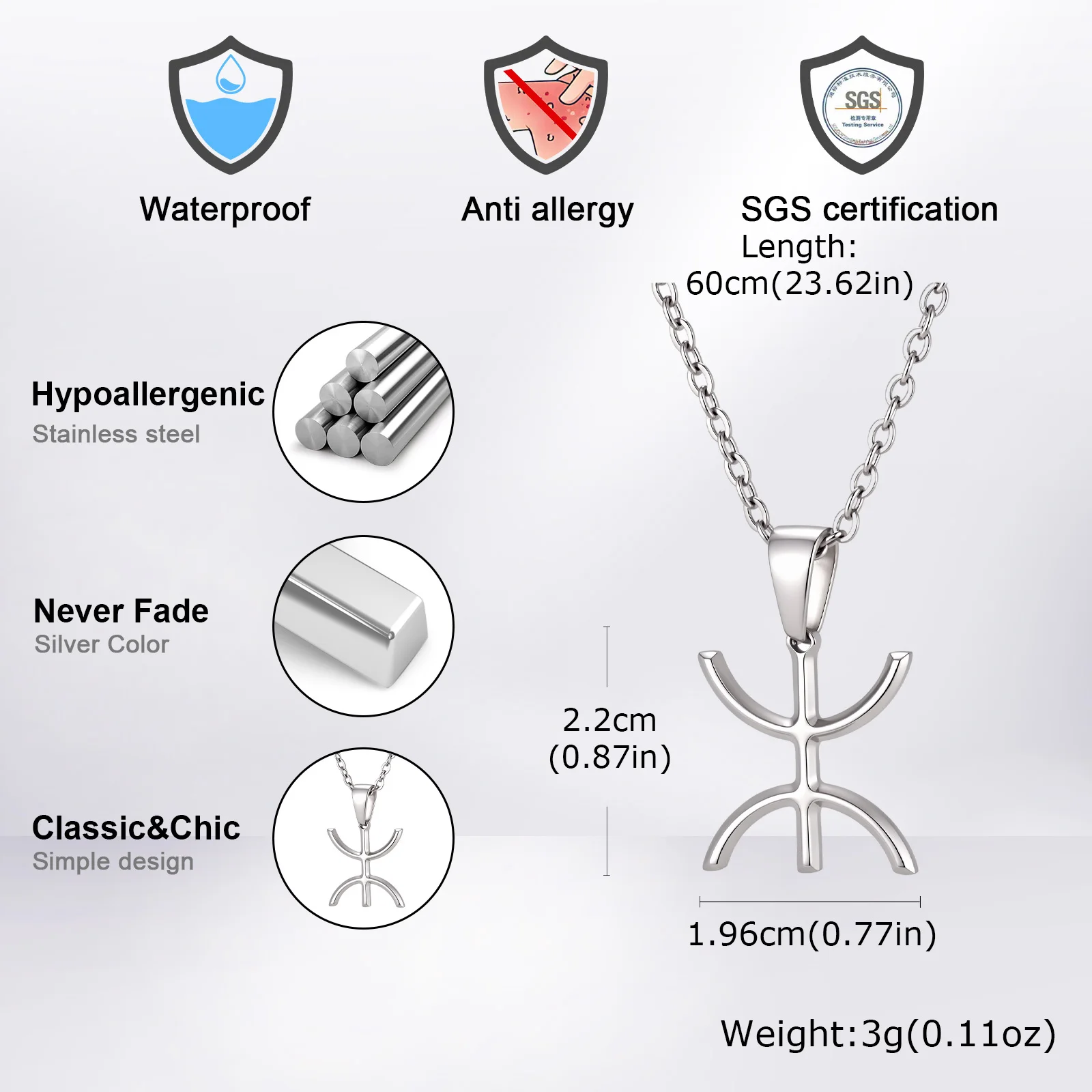 Africa Berbers Symbol Necklace for Men,Stainless Steel Amazigh ⵣ Letter Necklace,Ethnic Amulet Jewelry