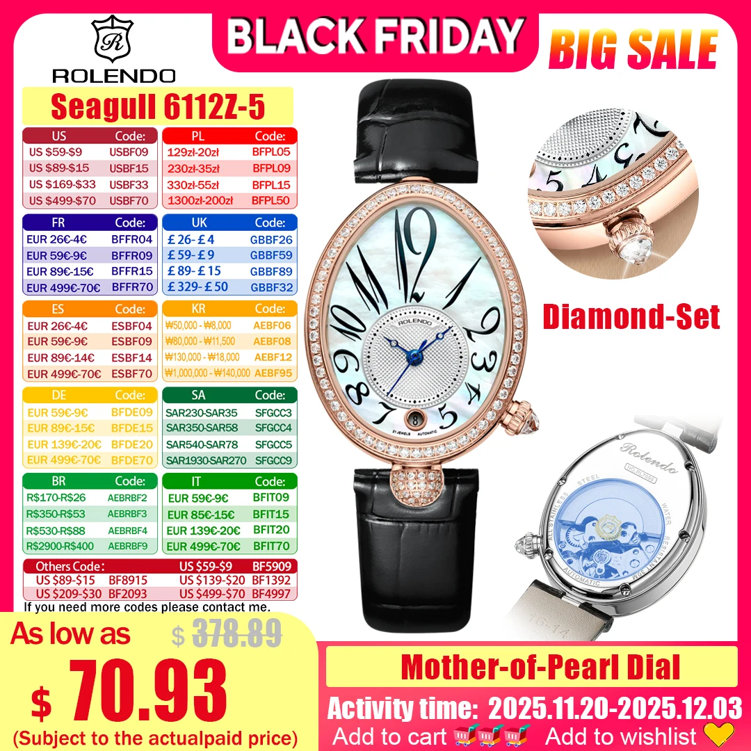 

ROLENDO автоматические часы с перламутром и бриллиантами для женщин, овальный циферблат, сапфировое стекло, календарь, кожаный ремешок, водонепроницаемый
