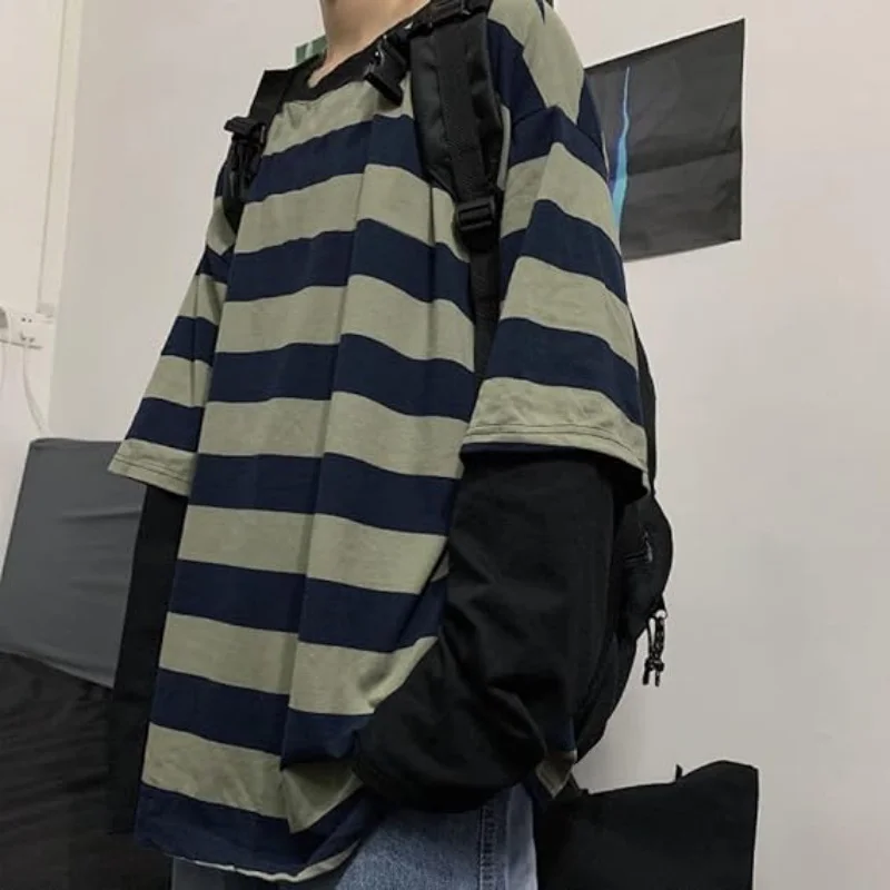 Y2k Gestreiftes Sweatshirt Tops Patchwork Gothic Grunge Langarm Übergroßes T-Shirt Harajuku Streetwear Academia Hip Hop T-Shirt