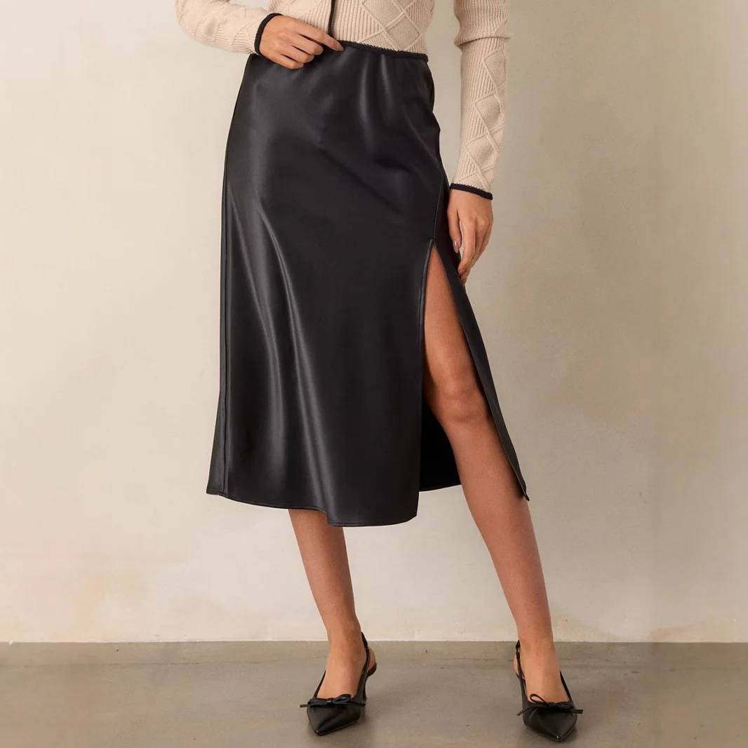 Nova chegada 2025 feminino primavera verão saia de cetim cintura alta elegante bodycon divisão aberta senhora do escritório sexy na moda faldas