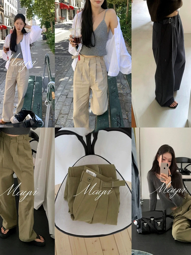High Waist Straight Leg Casual Pants Wide Leg Workwear Style Vintage Design Loose Drapey Slimming East Gate Autumn Cotton