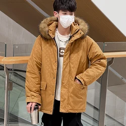 Casaco coreano Harajuku estampado com capuz masculino, Parka à prova de vento, grosso, quente, pele, solto, acolchoado, luxo, inverno, 2024