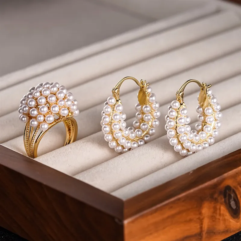 Women's Elegant Gold Color Simulated Pearl Hoop Earrings & Ring Set
