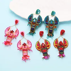 FLOLA Multicolor Lobster Raffia Beads Big Drop Earrings For Women Red Crystal Handmade Beaded Earrings Bohemian Jewelry ersv63