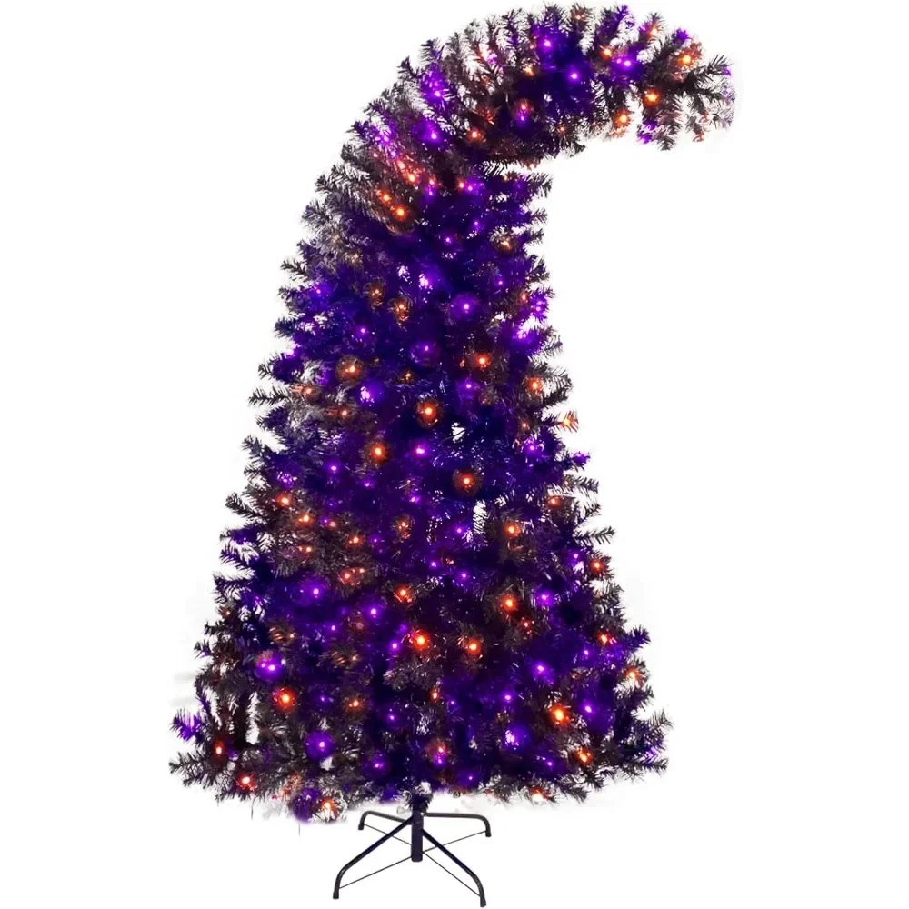 7FT Black Christmas Tree, Halloween Christmas Tree Prelit with 350 Lights and 1080 Bendable Branches, Artificial Whimsical