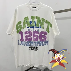 Retro Vintage Graphics Printed Saint T-Shirt Men Women Apricot White Tee Tops Oversized T Shirt