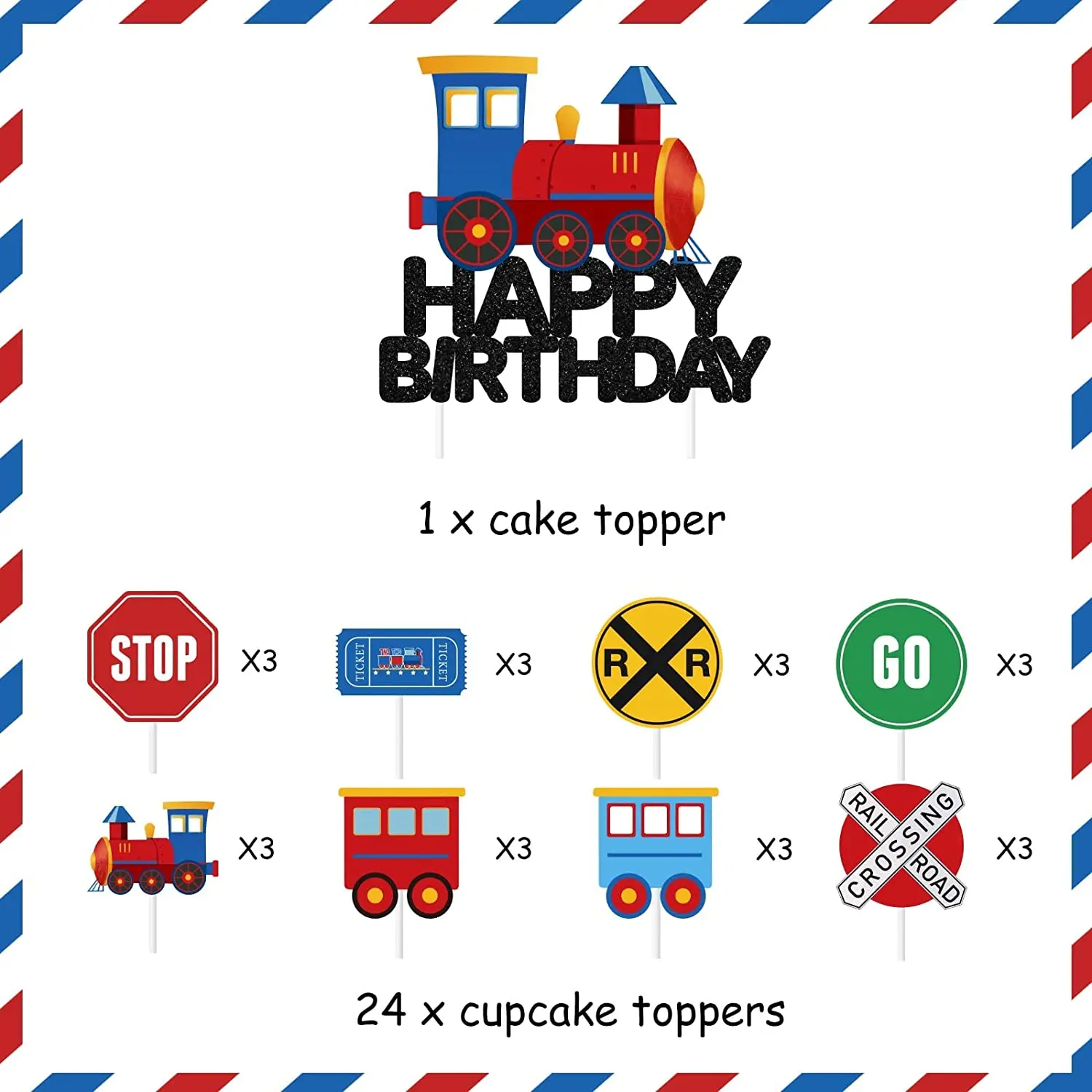 Funmemoir 25Pcs Train Cake Toppers Kit Traffic Happy Birthday Cupcake Toppers for Boys Train Theme Birthday Party Decorations