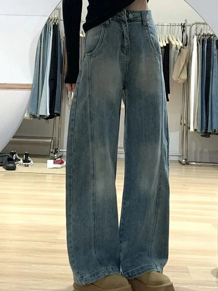 

Джинсы Y2K с высокой талией и широкими штанинами для женщин, американские ретро-брюки свободного кроя с прямыми штанинами