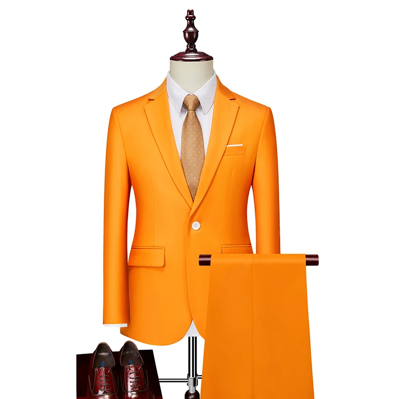 2024 Men's business casual wedding suit (suit + trousers) stylish and handsome trend of solid color with orange two-piece set