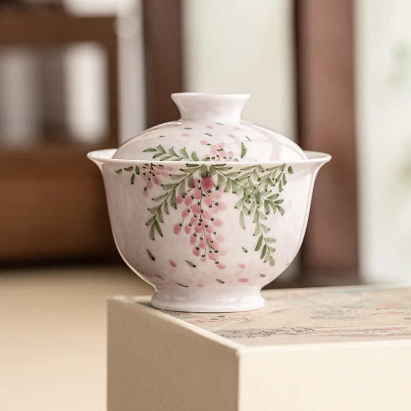 

Hand-painted Wisteria Flower Covered Bowl Tea Bowl Single Tea Cup Large Kung Fu Tea Set Three-talent Tea Bowl with Lid for
