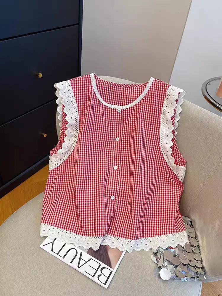 

Red Plaid Lace Hollow Out Patchwork Flying Sleeve Shirts Women Blouse O Neck Korean Casual Sleeveless Button Up Shirt Summer New