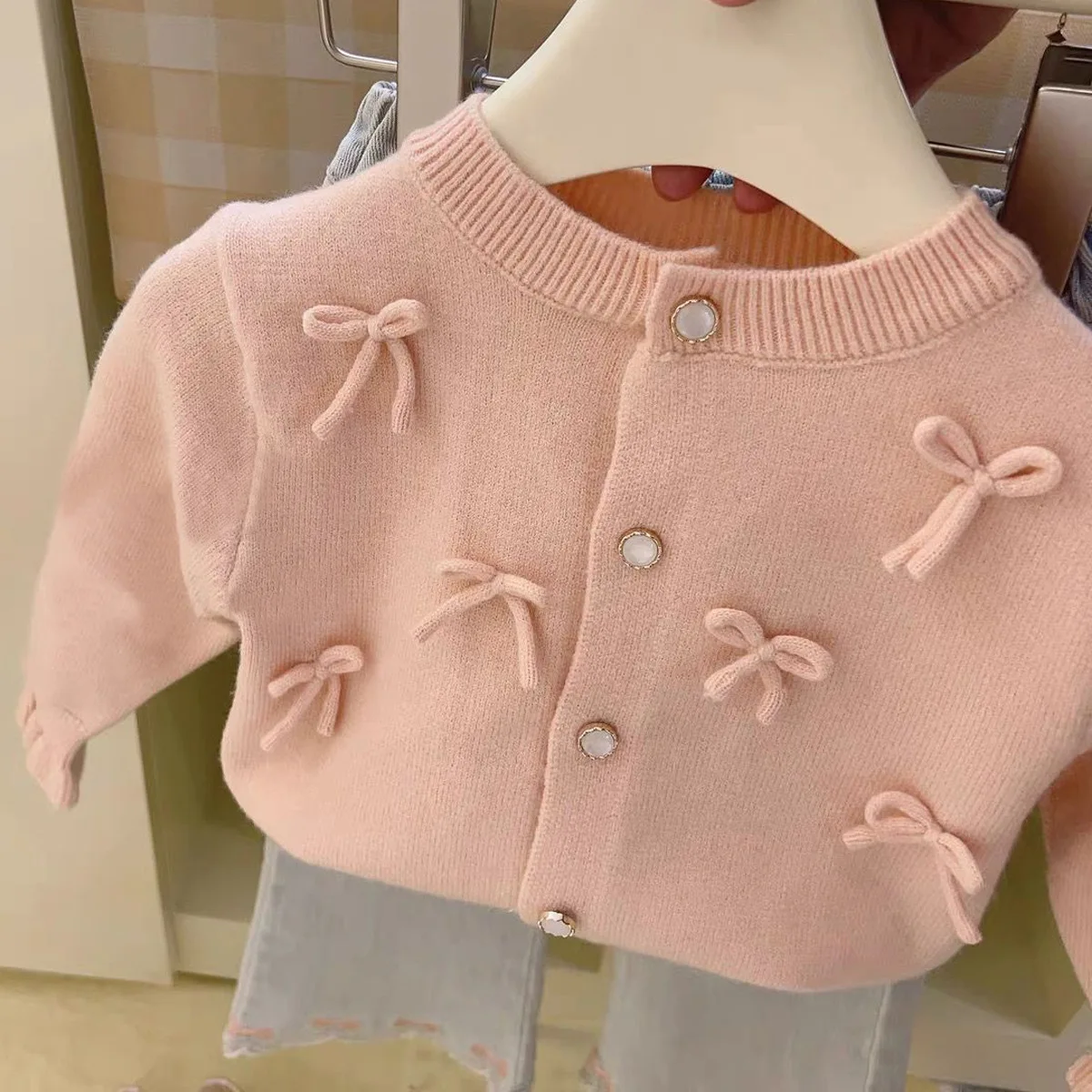 

Baby Girls Sweater 2024 Spring and Autumn New Girl Bow Knit Cardigan Sweater Jacket Thin Sweet Top Korean Simple Casual Clothes