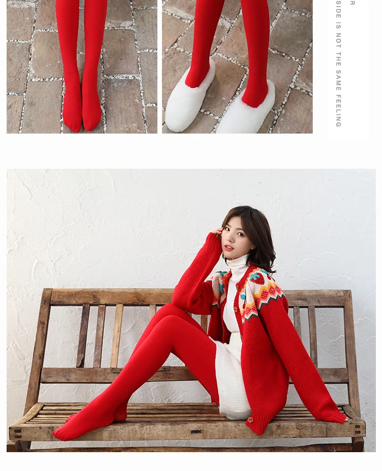 2023 neues Design Frauen rote Leggings Herbst Winter Plüsch verdickte Strumpfhosen tragen warme Hosen Benmingnian 160g 300g hohe Qualität – Detail 2