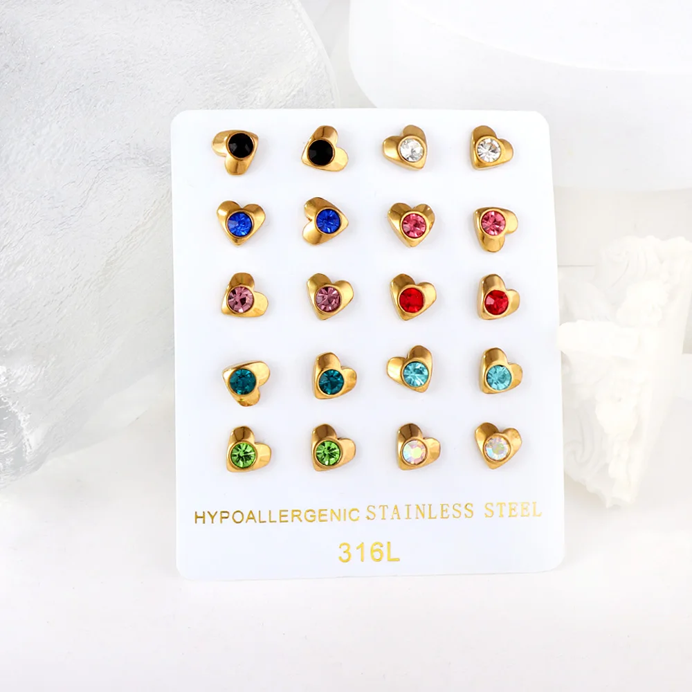 LUXUKISSKIDS Mix Color Cubic Zirconia Studs Geometric Triangle Tiny Flower Heart Shape 10Pairs Wholesale Earrings Small Business