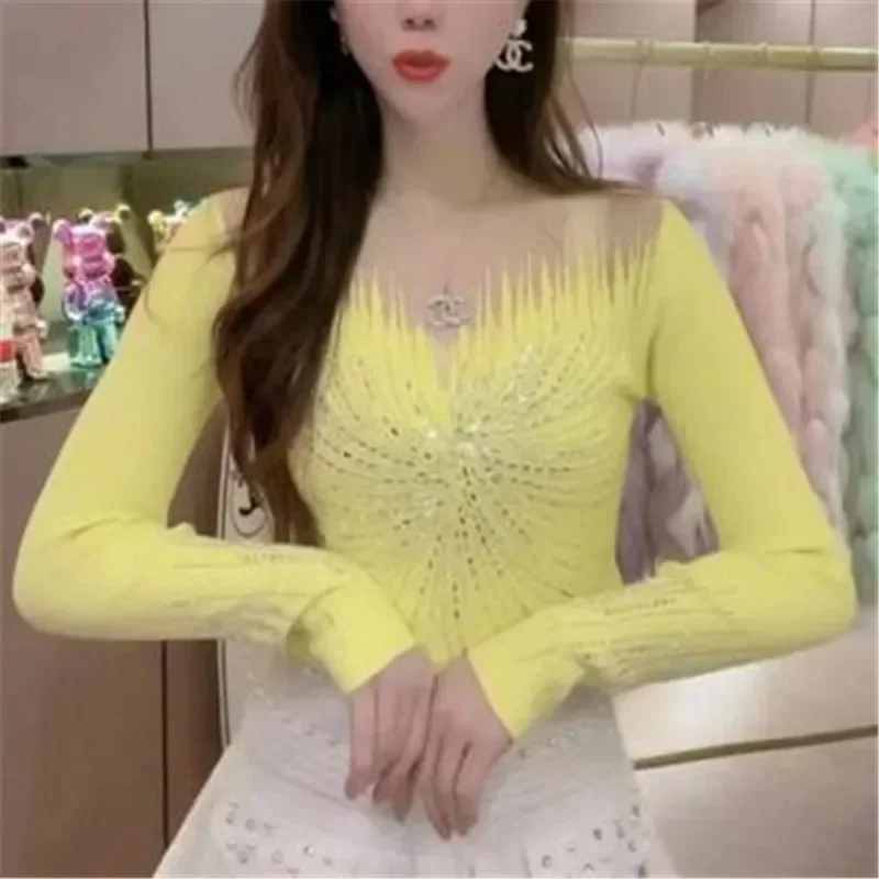 Fall Winter Korean Clothes Knitted Mock Neck Sweaters Chic Sexy Spliced Mesh Diamonds Women Pullover Long Sleeve Drill Tops