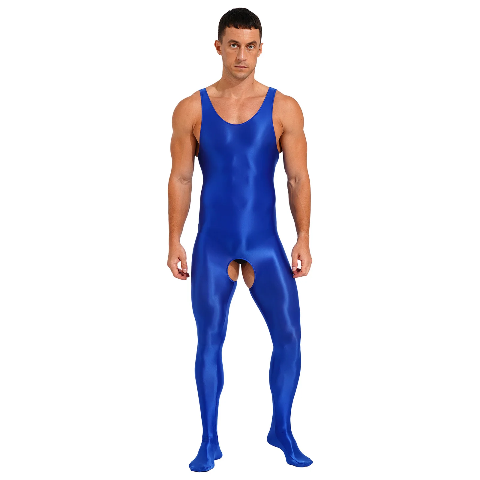 Mens Lingerie Crotchless Full Body Bodysuit Glossy Oilly Shiny Smooth Stretchy Sleeveless U Neck Open Crotch Footed Jumpsuit