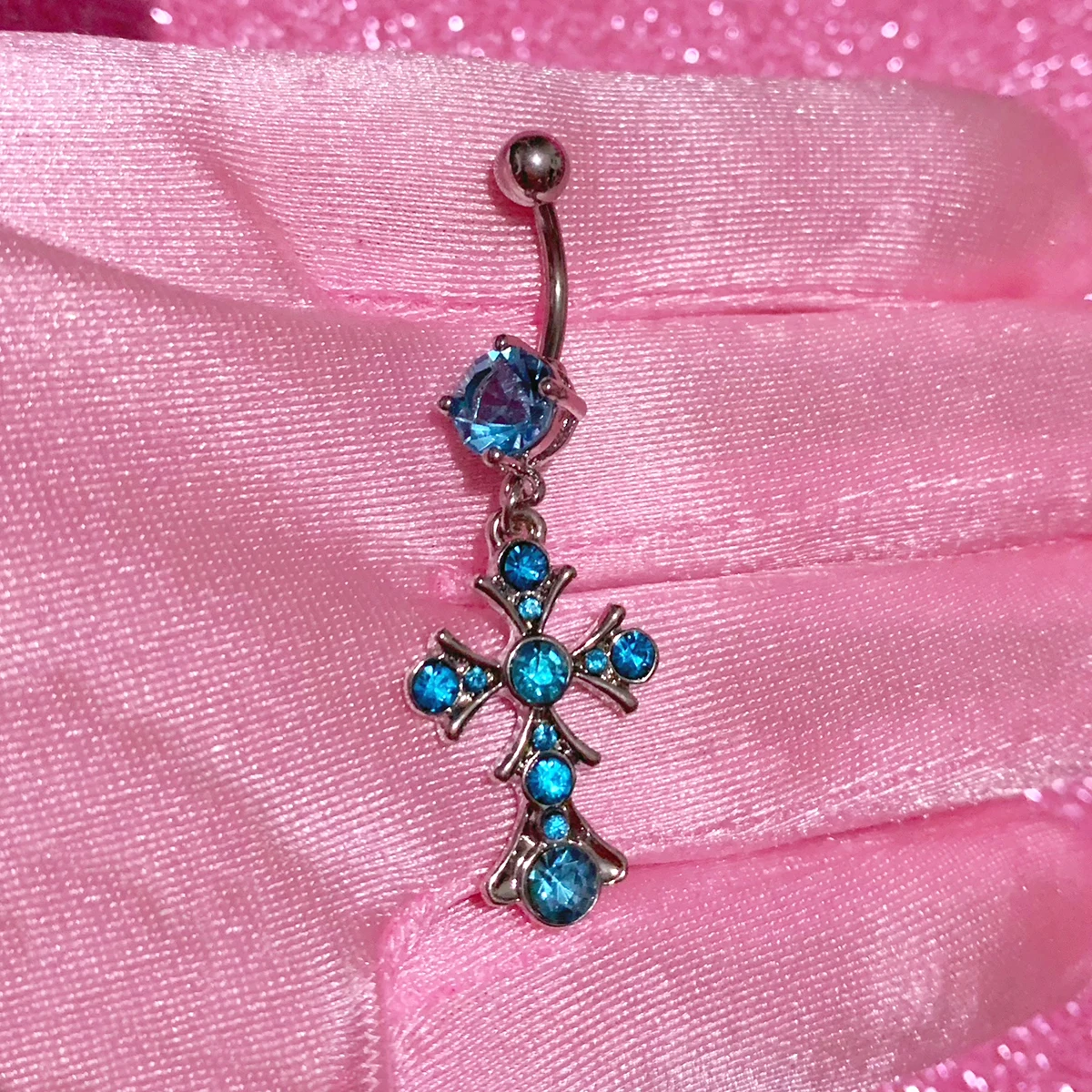 Y2K هيئة ثقب الأزرق كريستال الصليب البطن زر خواتم مثير الإكسسوارات الشرير الوردي خواتم السرة 2000s مجوهرات الجمالية